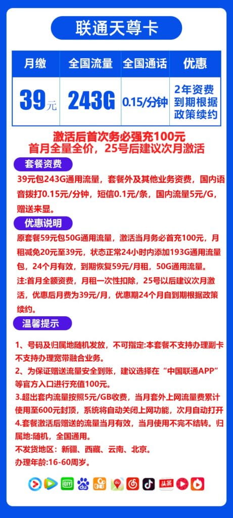 图片[1]-H0046|联通天尊卡39元243G流量怎么样？-号卡网