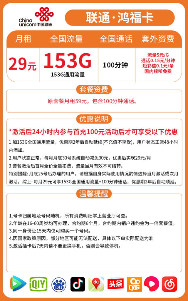 图片[1]-H0047|联通鸿福卡29月租153G流量100通话怎么样？-号卡网