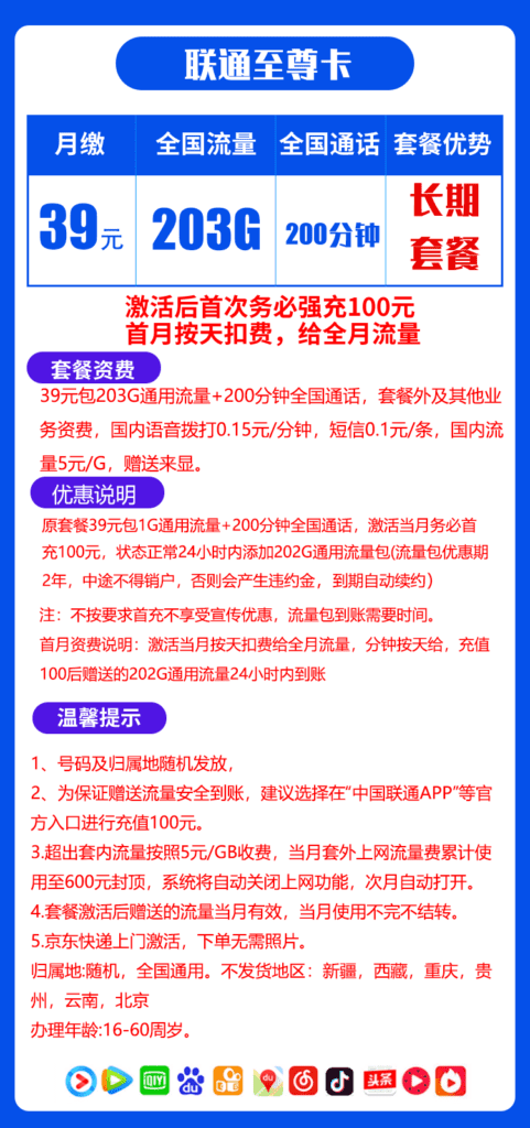 图片[1]-H0053|联通至尊卡39元203G流量200通话怎么样？-号卡网