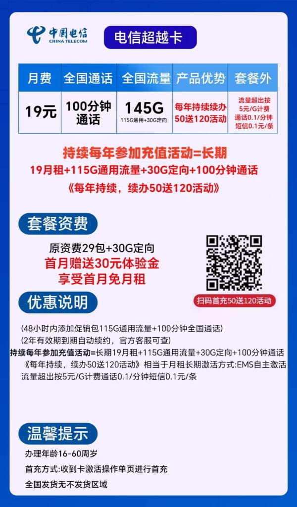 图片[1]-H0061|电信超越卡19元145G流量100通话怎么样？-号卡网