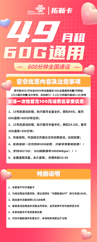 图片[1]-1749|联通拓新卡49元60G流量600通话怎么样？-号卡网