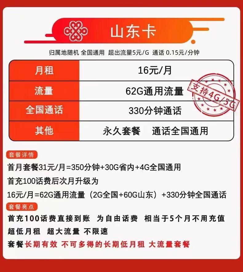图片[1]-1742|联通山东卡16月租62G流量330通话怎么样？-号卡网