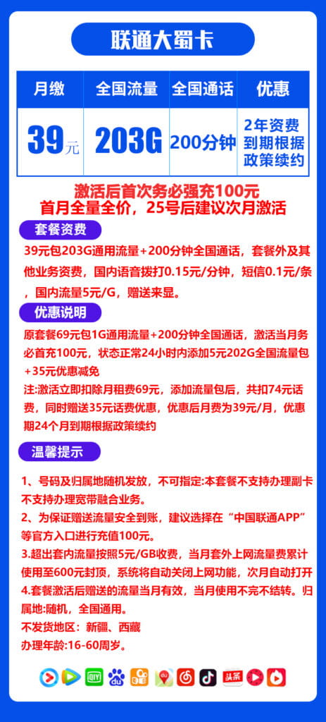 图片[1]-H0074|联通大蜀卡39元203G流量200分钟怎么样？-号卡网