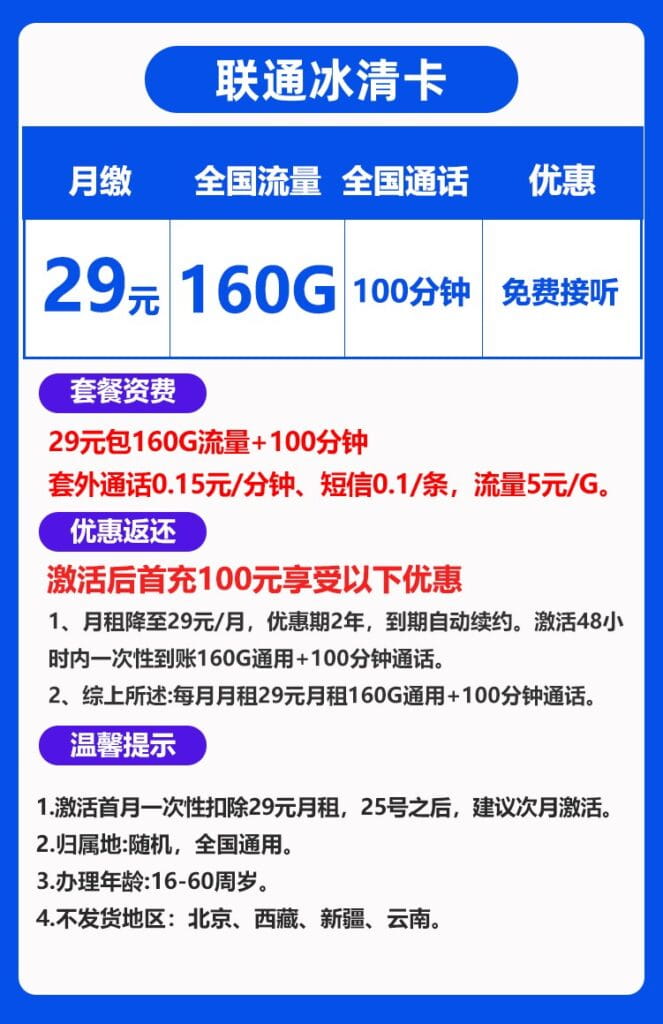 图片[1]-H0087|联通冰清卡29元160G流量100分钟怎么样？-号卡网