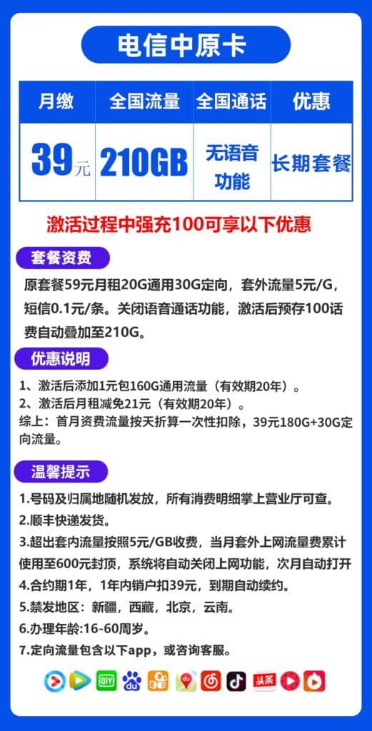 图片[1]-2077电信中原卡39元210G流量怎么样？-号卡网