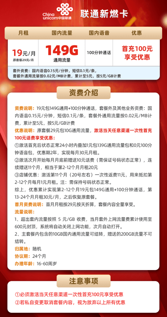 图片[1]-H0160|联通新燃卡19元149G流量100分钟怎么样？-号卡网