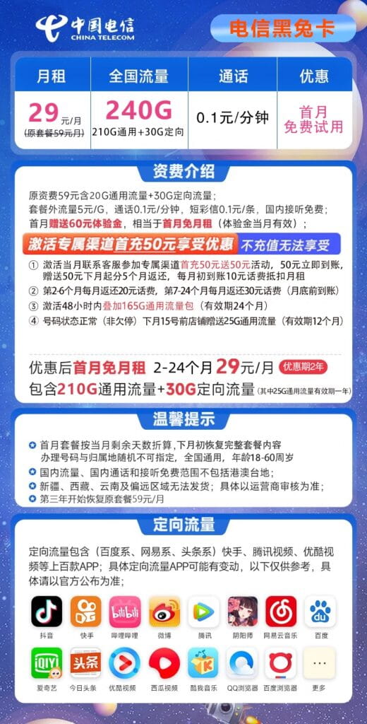 图片[1]-H0173|电信黑兔卡29元240G流量怎么样？-号卡网