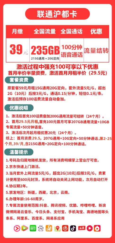 图片[1]-H0177|联通沪都卡39元235G流量100分钟怎么样？-号卡网