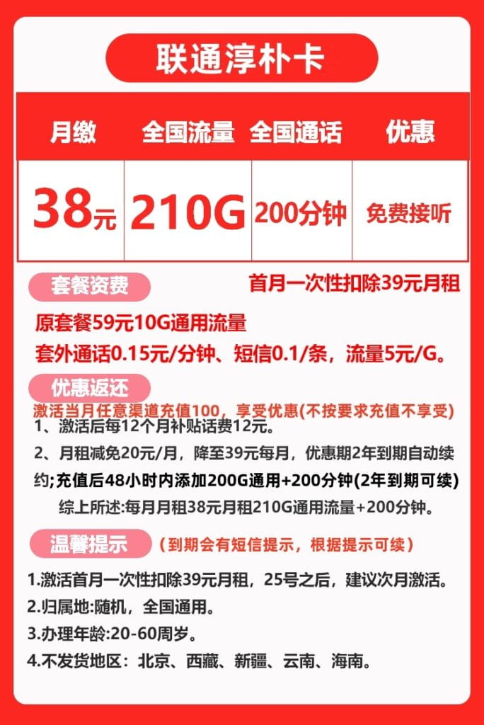 图片[1]-0184联通淳朴卡38元210G流量200分钟怎么样？-号卡网