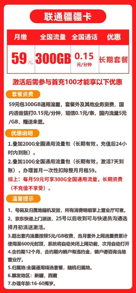 图片[1]-0192联通疆疆卡59元300G流量怎么样？-号卡网