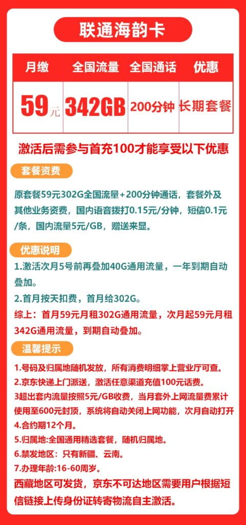图片[1]-0191联通海韵卡59元342G流量200分钟怎么样？-号卡网