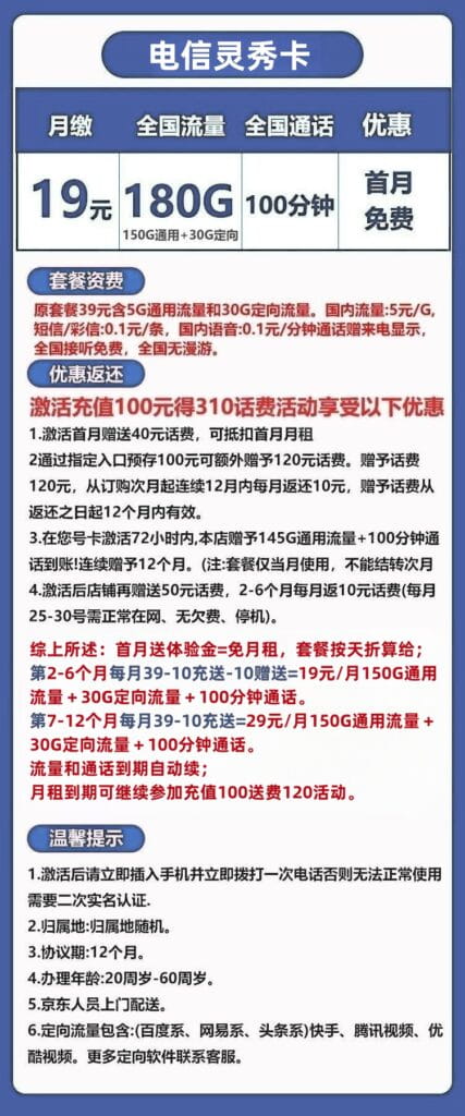 图片[1]-0205电信灵秀卡19元180G流量100分钟怎么样？-号卡网