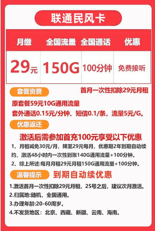 图片[1]-0183联通民风卡29元150G流量100分钟怎么样？-号卡网