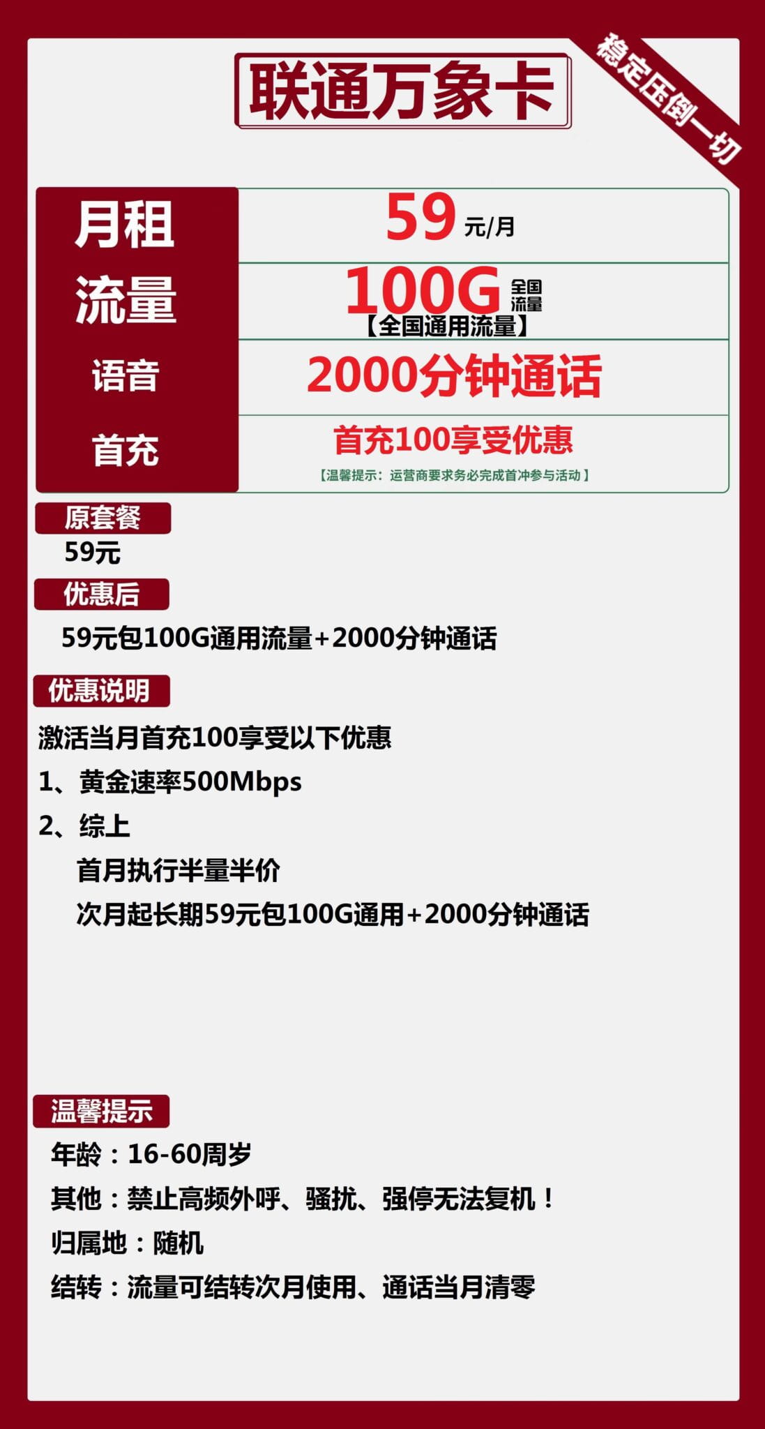 图片[1]-2296联通万象卡59元100G流量2000分钟怎么样？-号卡网